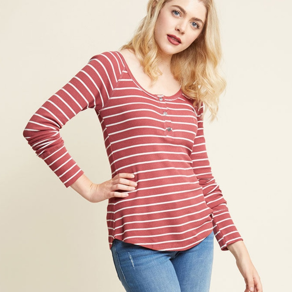 Modcloth Brick Red Stripe Waffle Knit Henly